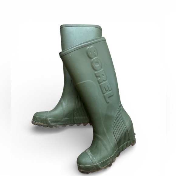 Sorel Joan Wedge Heel Rain Boots Army Green tall knee high wellies boot - Picture 2 of 5